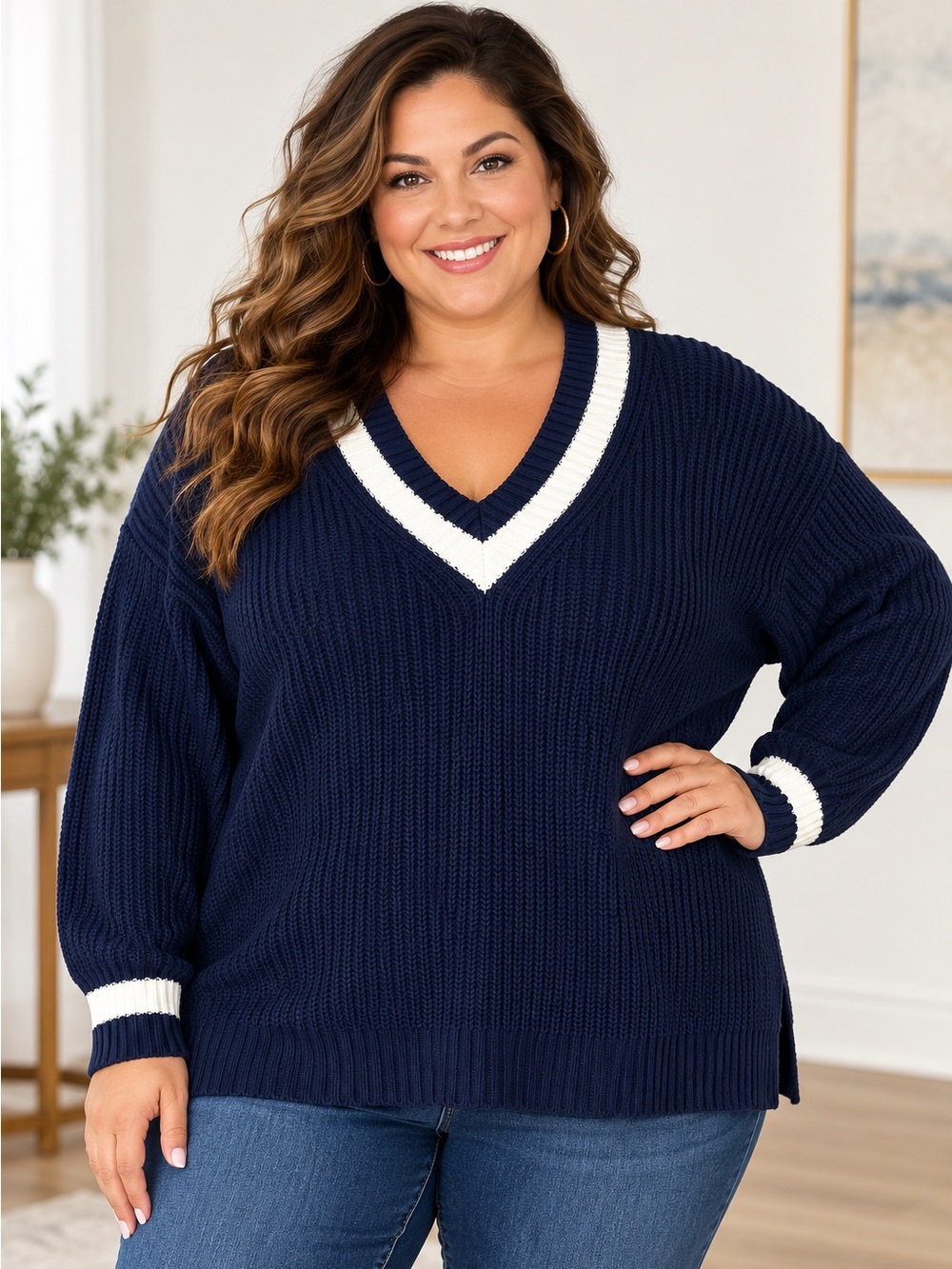 Cato Sweater Size 18/20W Navy White V-Neck Preppy NWT